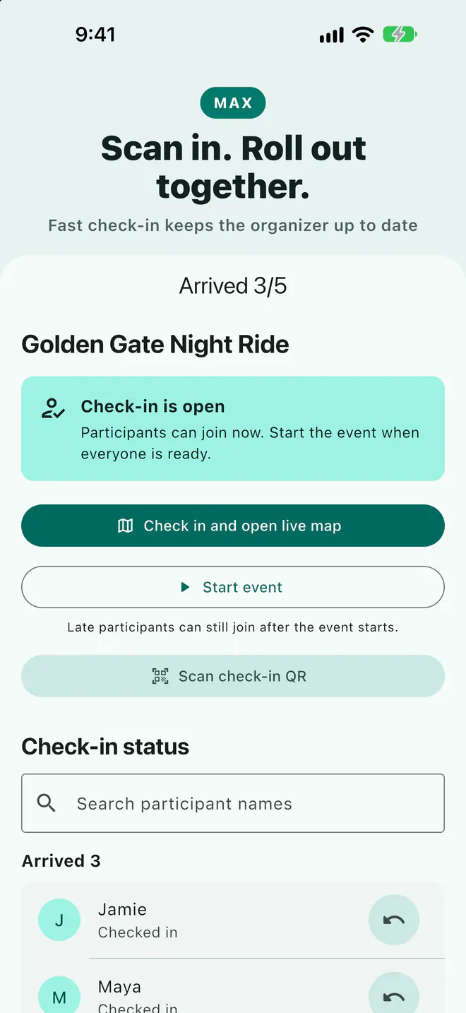 Laiki Max event check-in showing attendance and meetup progress
