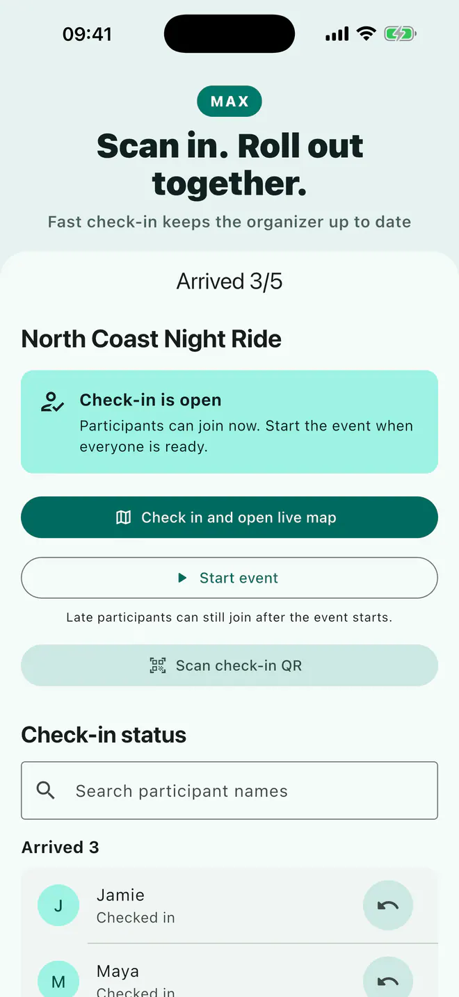 Laiki Max event check-in showing attendance and meetup progress