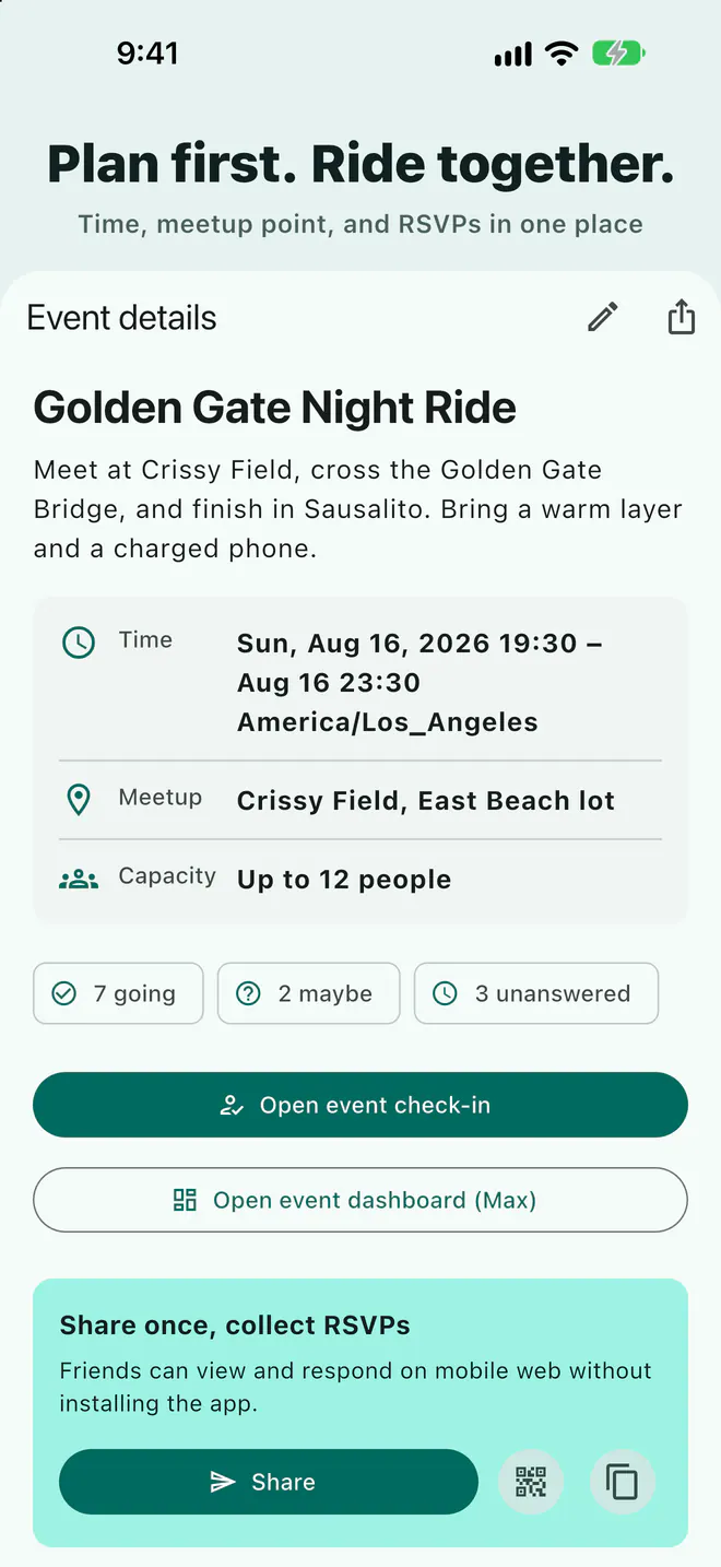 Laiki event detail with time, meeting point, and RSVP counts