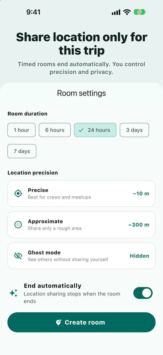 Laiki room setup showing how long the room stays open and location precision choices