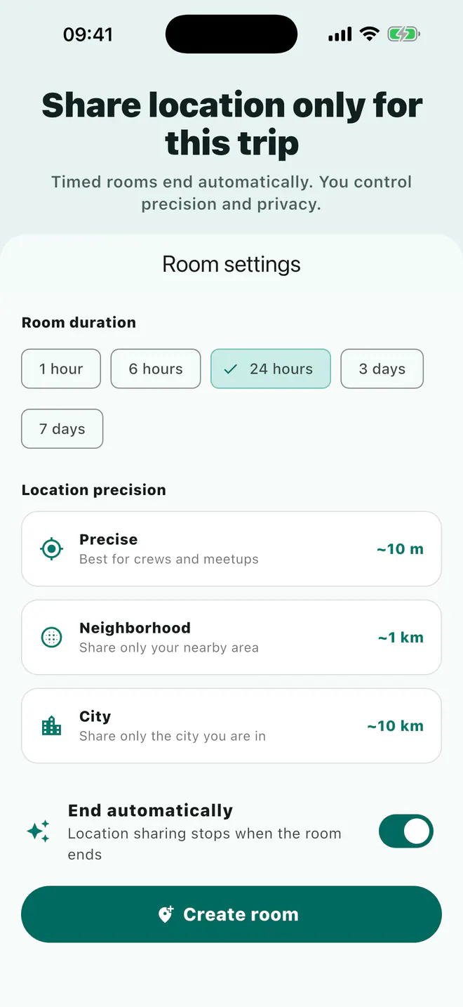 Laiki room setup showing how long the room stays open and location precision choices