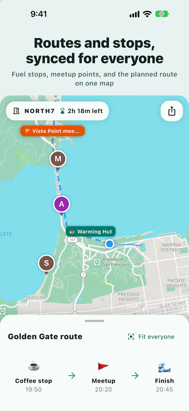 Laiki map showing stops, meeting points, and a planned route