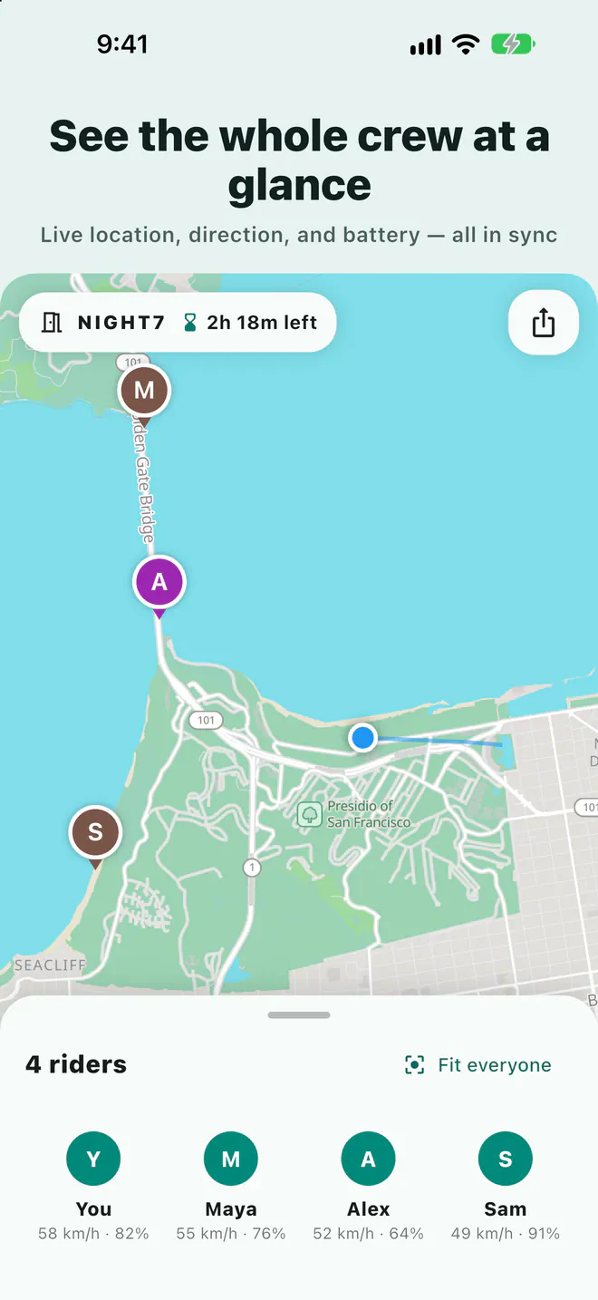 Laiki group map showing companions' locations, direction, and battery