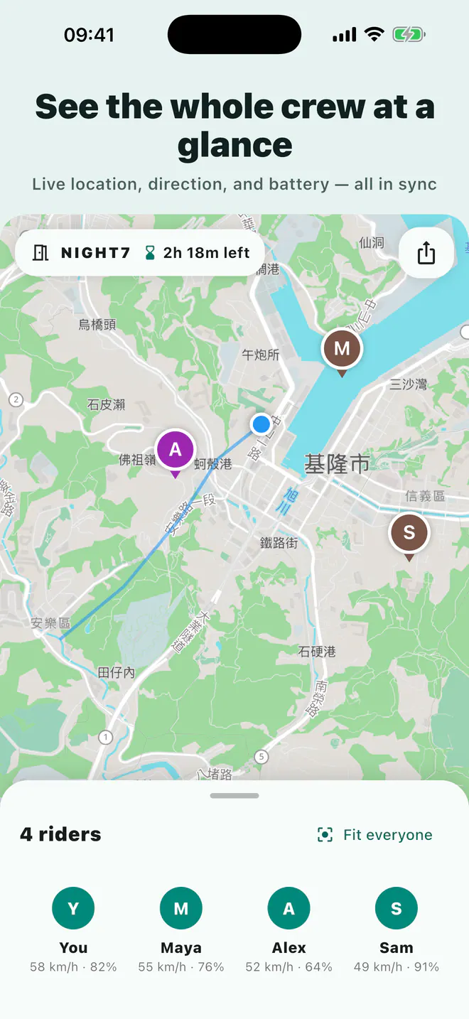 Laiki group map showing companions' locations, direction, and battery