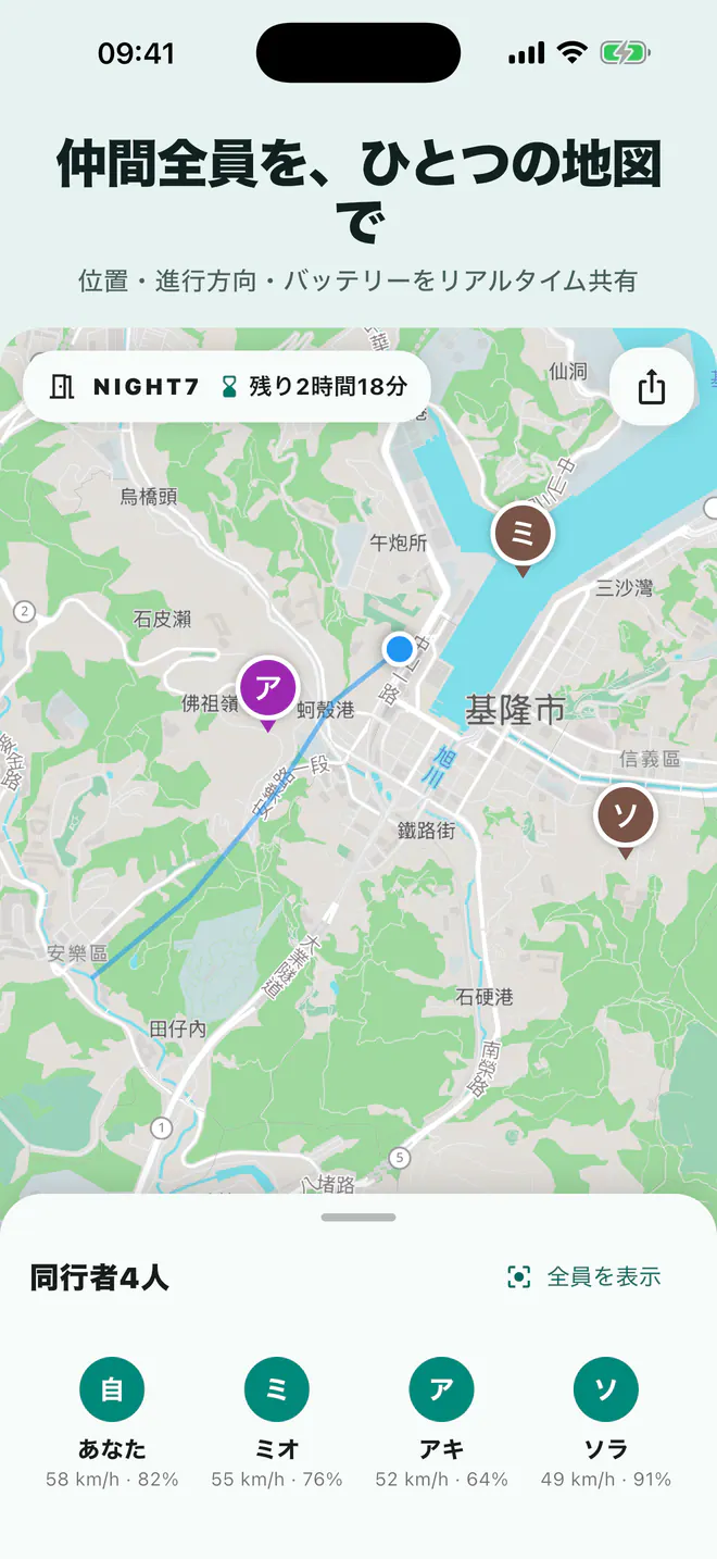 Laikiのグループ地図に同行者の現在地、方向、バッテリーを表示